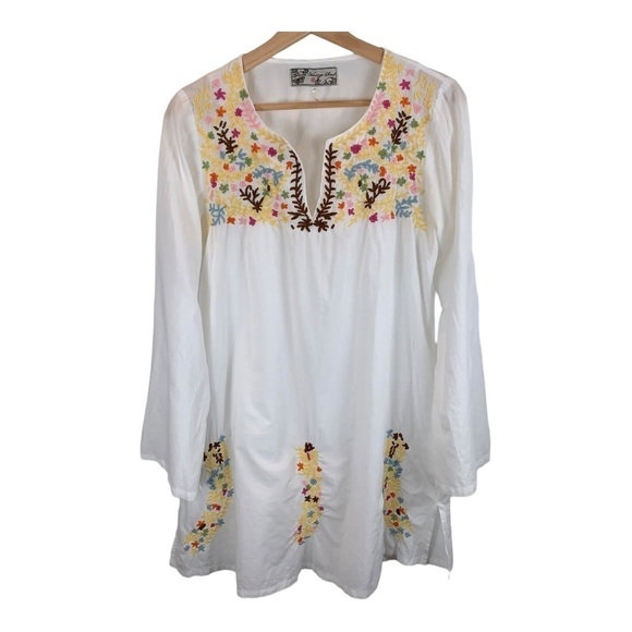 Glam Vintage Soul sz S White Embroidered Multicolour Long Line Women’s Tunic Top - Picture 1 of 9
